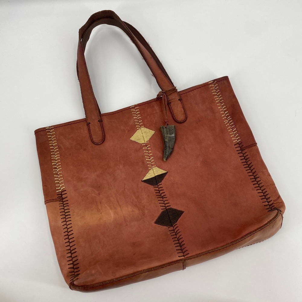 Lucky Brand Leather Tote Bag Southwestern Maroon Brown Horn Charm